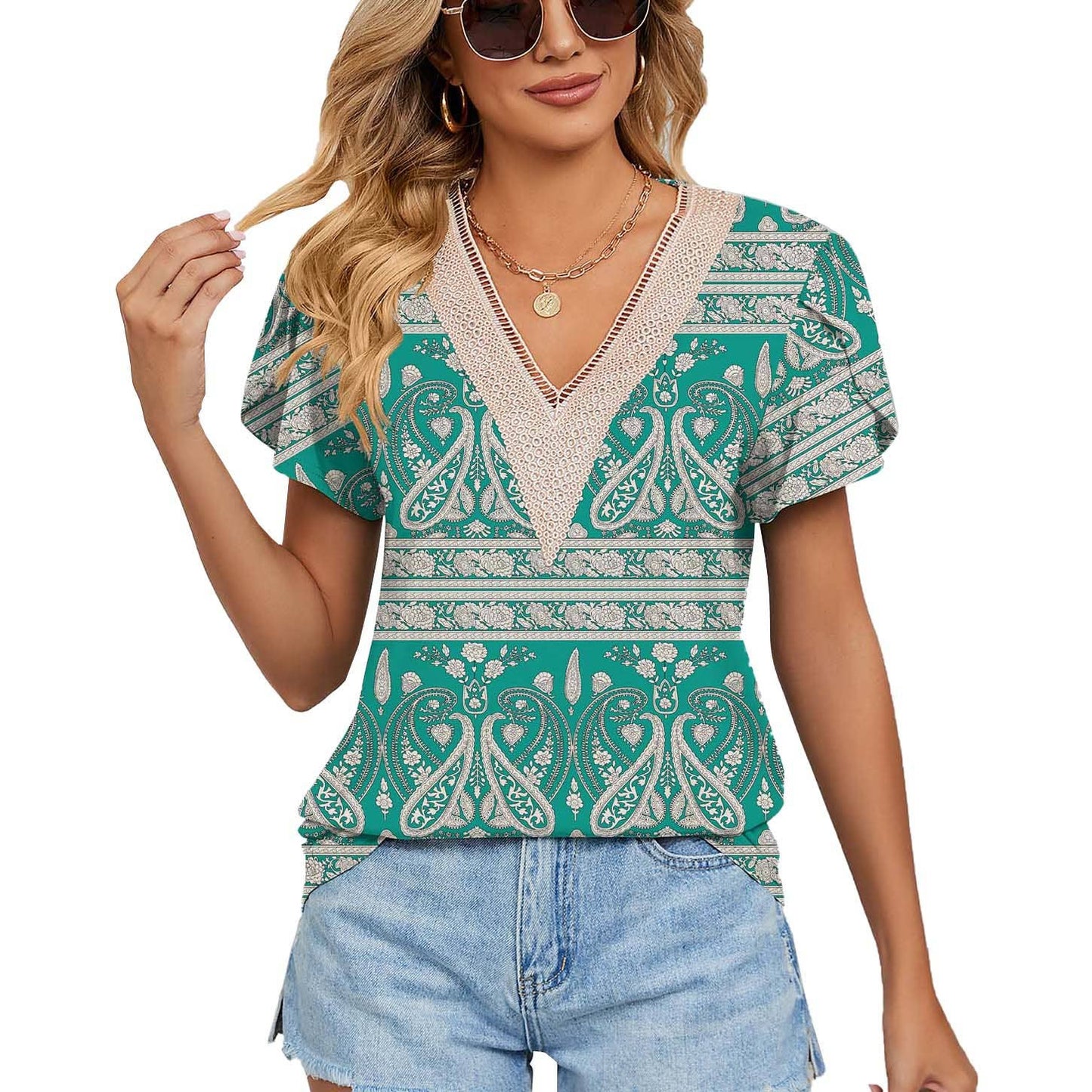 V-neck printed petal-sleeve loose pullover shirt