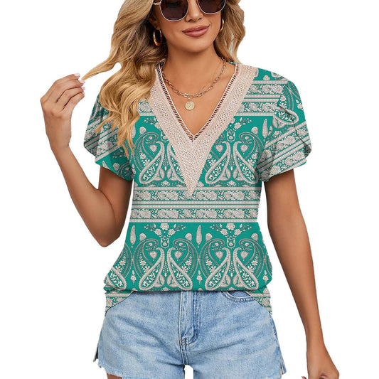 V-neck printed petal-sleeve loose pullover shirt