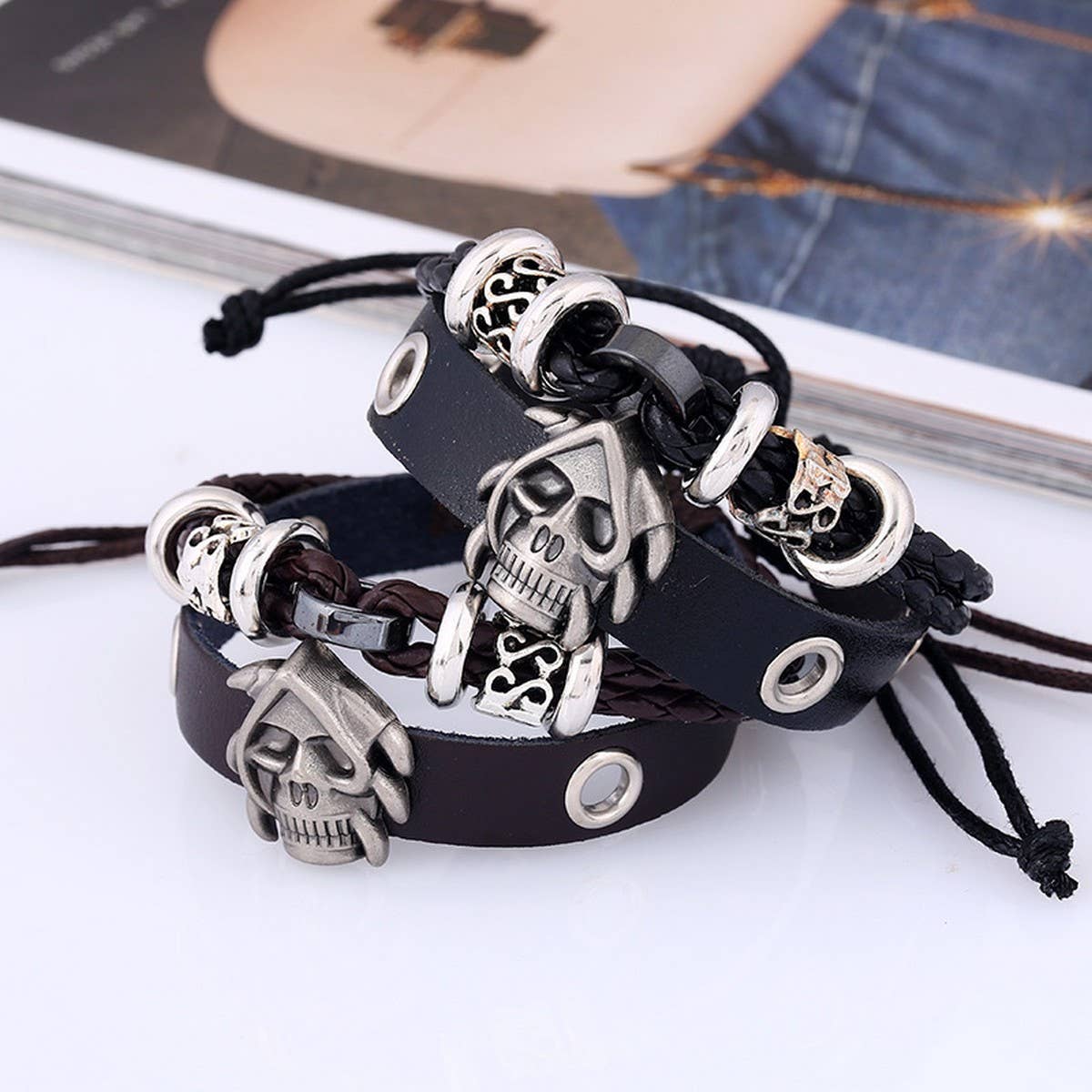 NEW BEADED SKULL BRAIDED LEATHER BRACELET