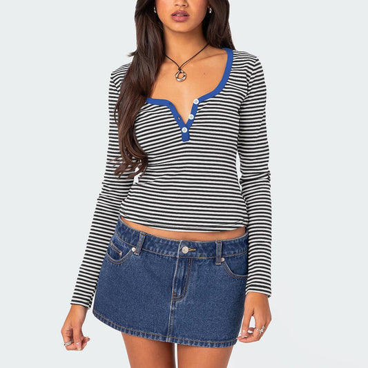 STRIPED COLOR CONTRAST KNIT BUTTON COTTON T-SHIRT