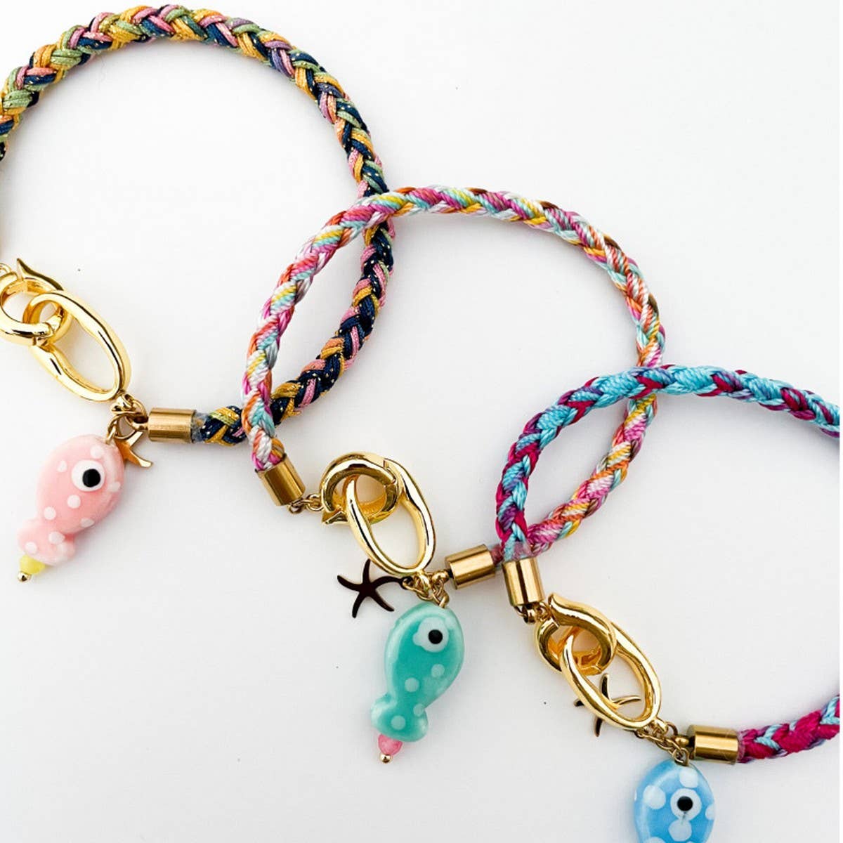 18K Gold Fish & Star Charm Woven Rope Bracelet_CWAJE4615