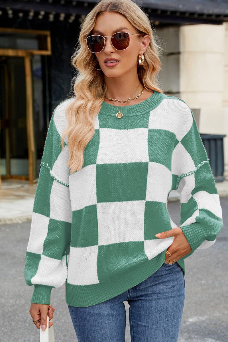 CWOSWL07726_LOOSE CASUAL PLAID COLORBLOCK SWEATER