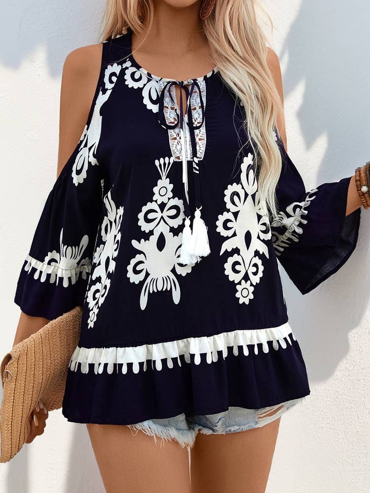 Shirt Lace patchwork fringe lace-up shirt