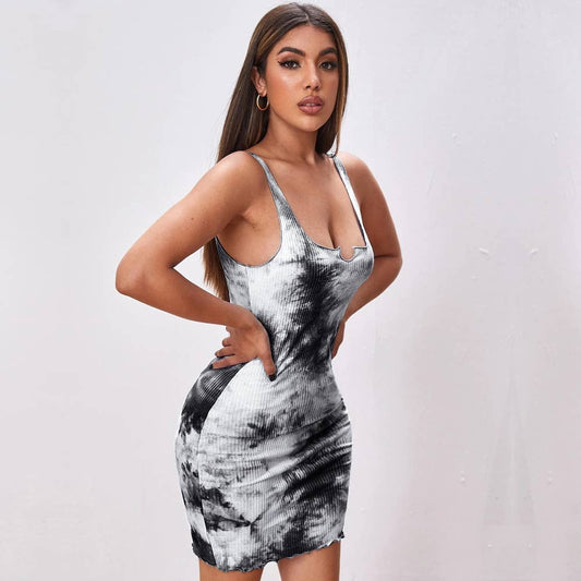 Form-Fitting Tie-Dyed Printed Body-Hugging Dress