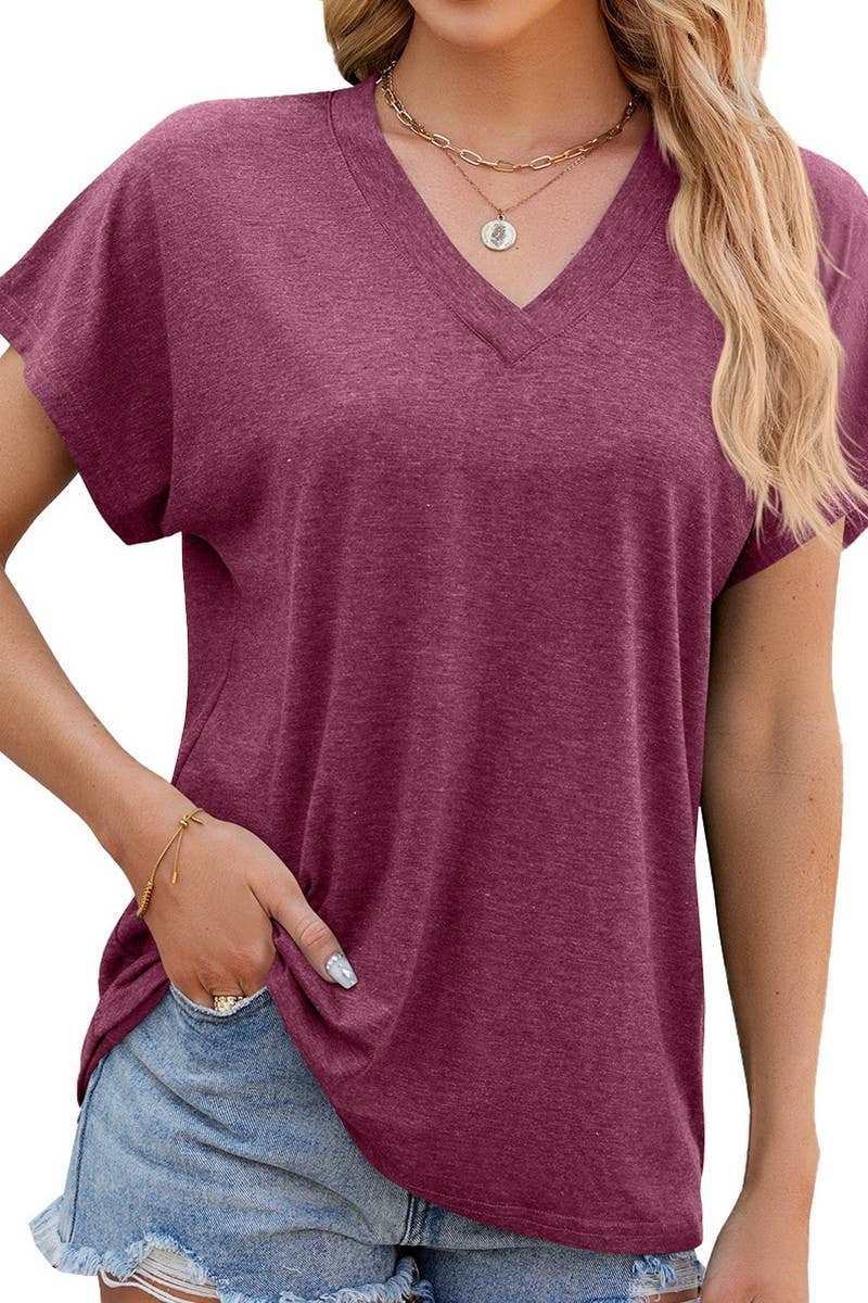 V NECK SOLID COLOR CASUAL SHORT SLEEVE PULLOVER_CWTSTS0198