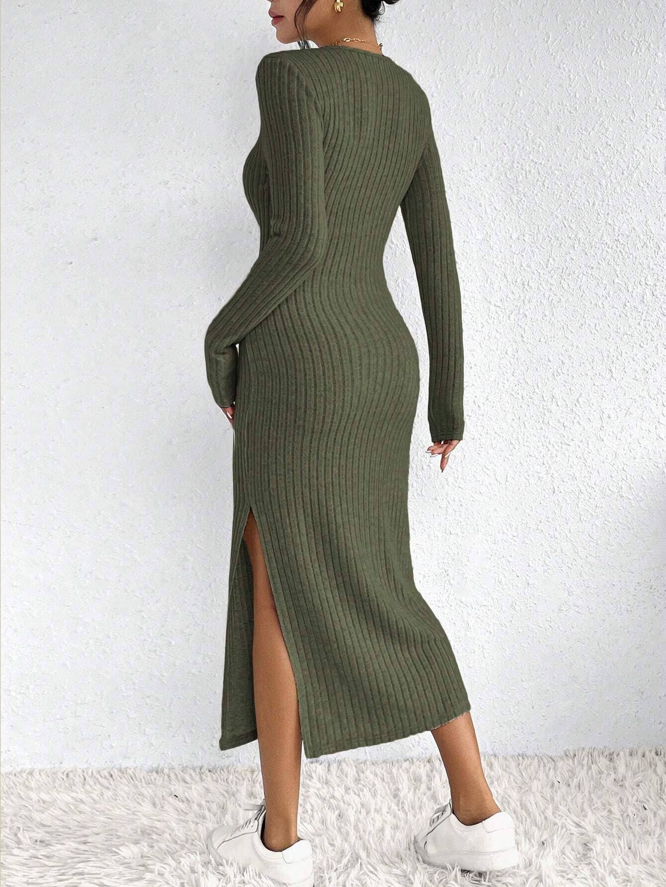 LONG SLIM-FIT KNITTED SLIT LONG-SLEEVED DRESS