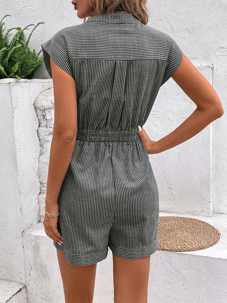 PINSTRIPE LACE-UP SHORT-SLEEVED JUMPSUIT