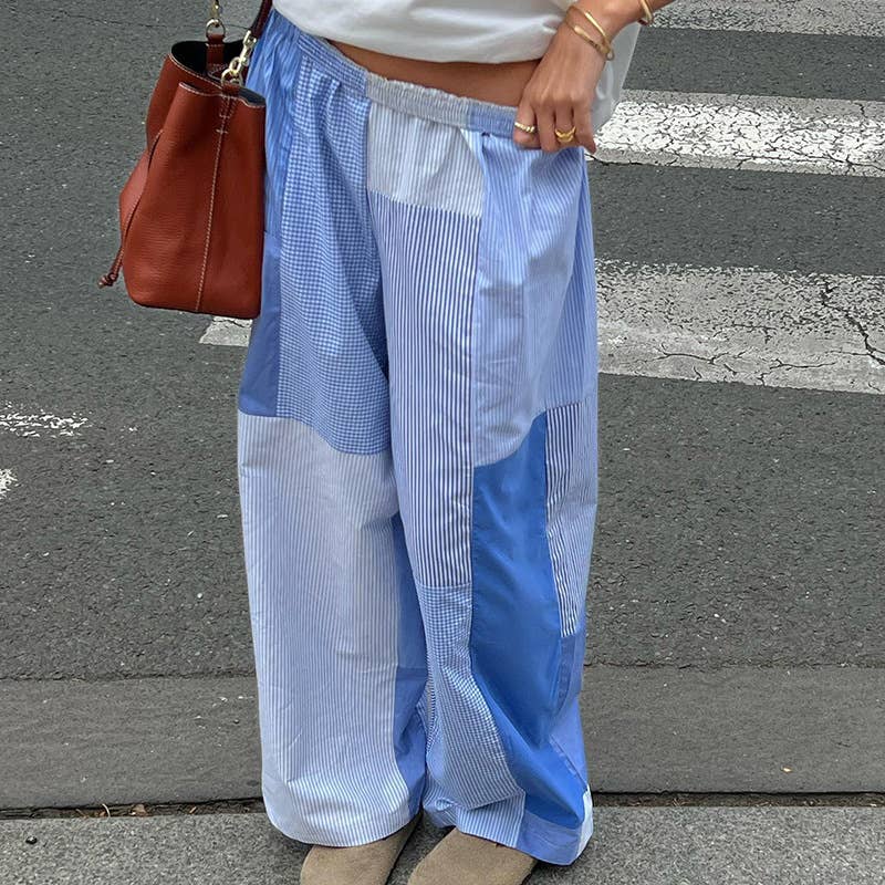 BLUE PLAID PATCHWORK PRINT ELASTIC WAIST PANTS