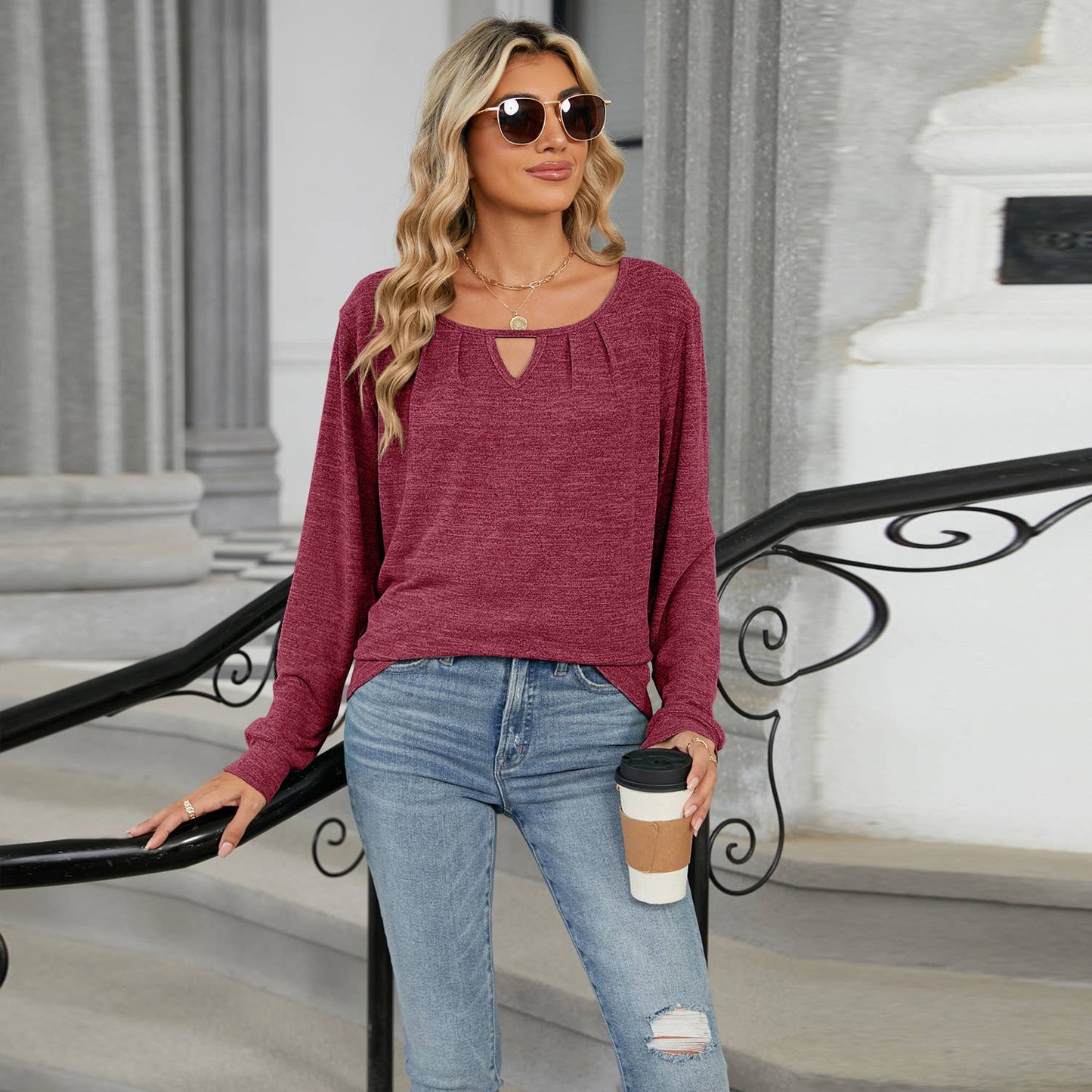 SOLID COLOR LOOSE LONG SLEEVE T-SHIRT TOP