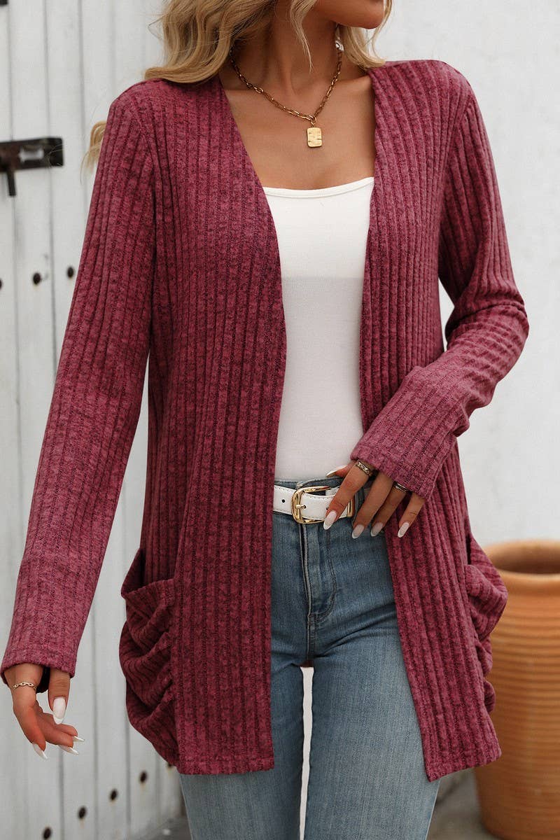 CWOCAL1308_SOLID COLOR RIBBED POCKET LONG SLEEVE CARDIGAN