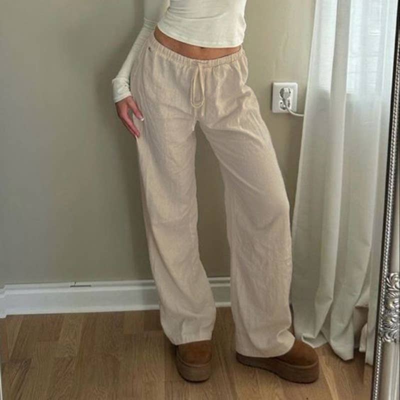 Simple style solid-color drawstring woven pants