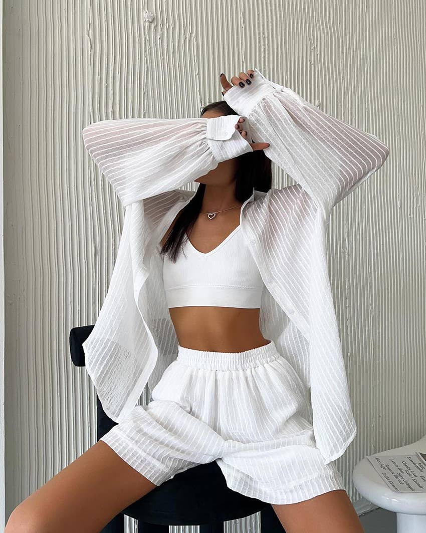 Trendy lounge set: cardigan top & wide leg shorts