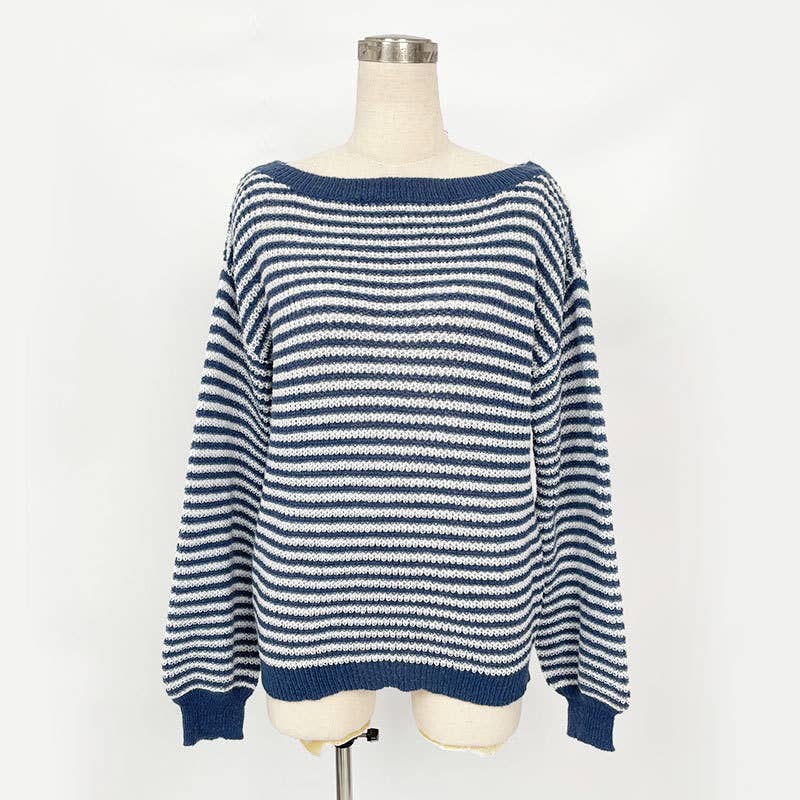 Striped off-the-shoulder sleeve knitted sweater