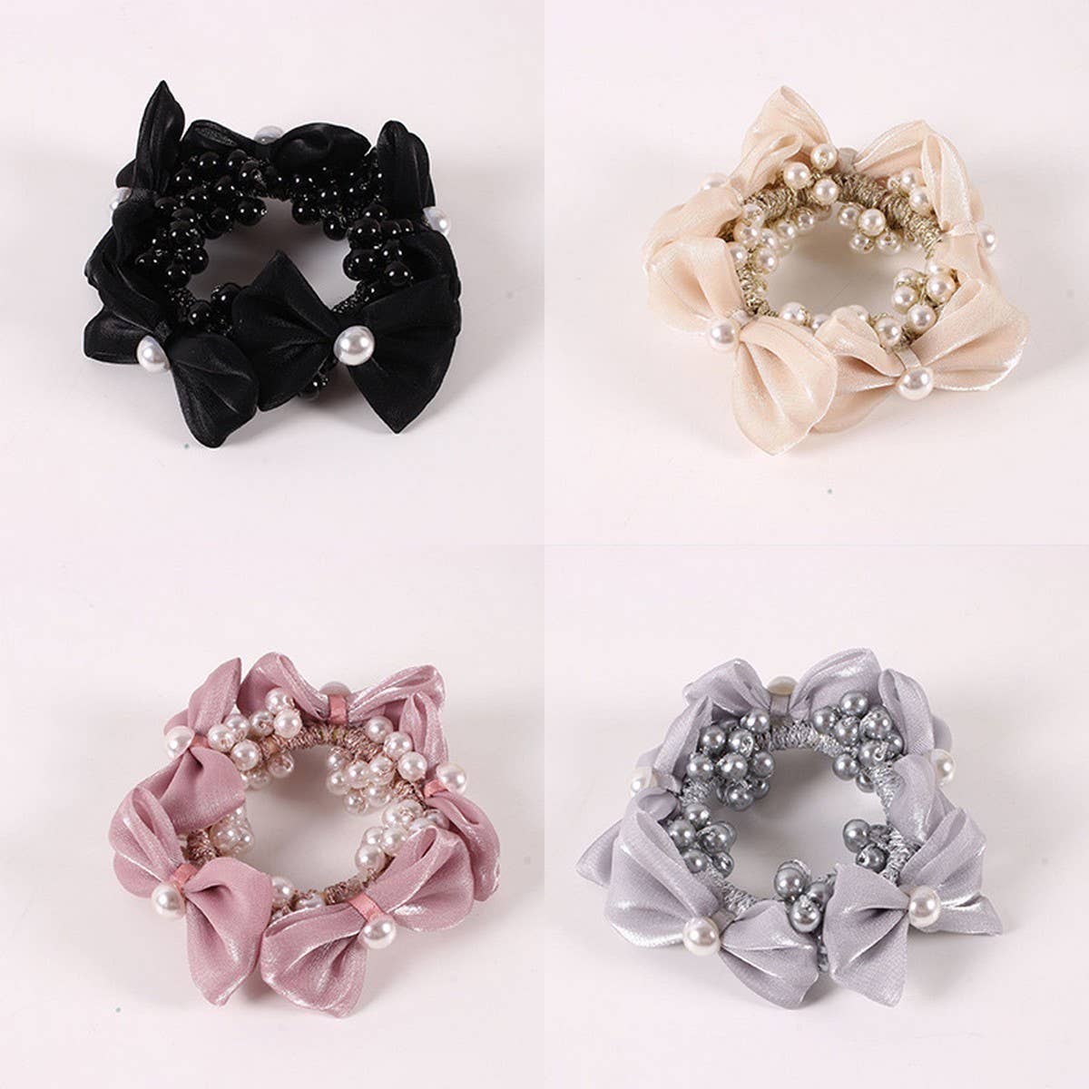 Elegant Pearl Satin Bow Elastic Hair Tie