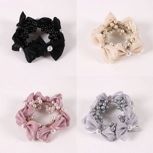 Elegant Pearl Satin Bow Elastic Hair Tie
