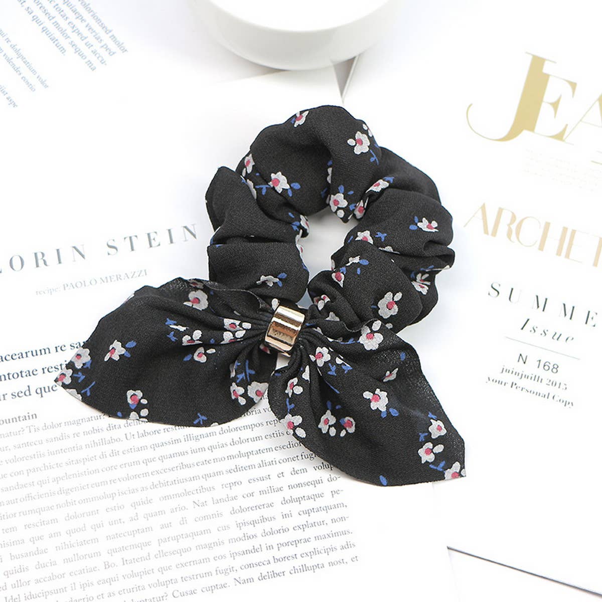 PRINTED METAL BUCKLE BOW HAIR TIE_CWAHA1068