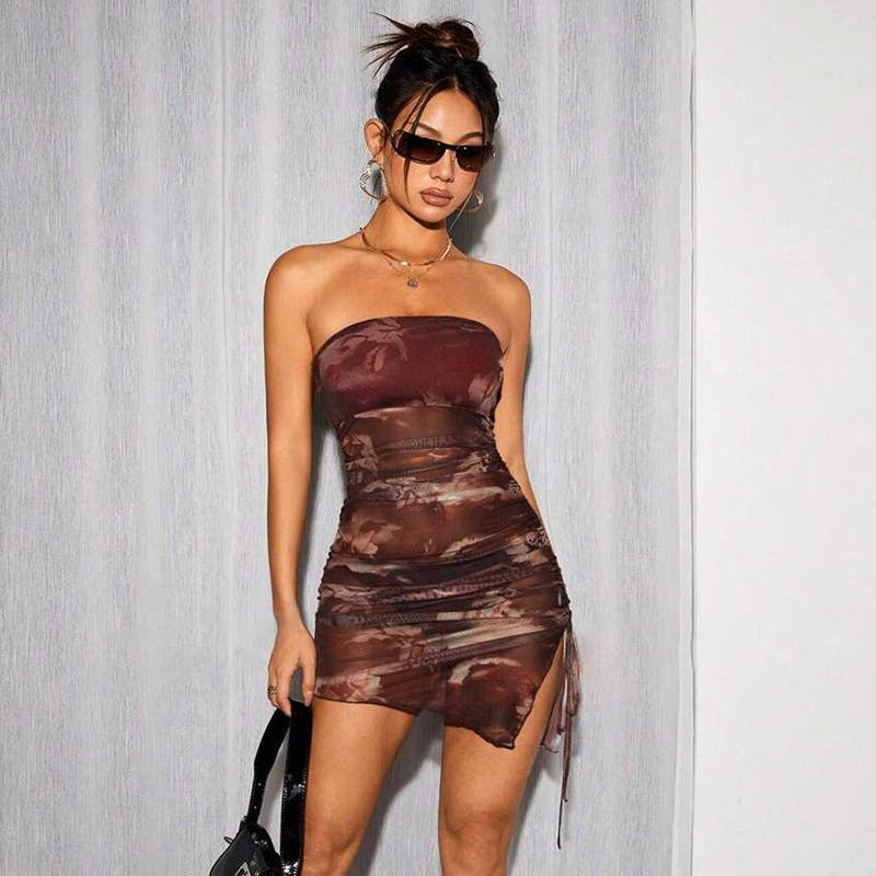 PRINTED PLEATED BODICE SLIM SPLIT SHORT DRESS