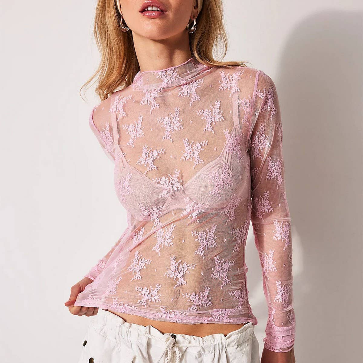 SEMI SHEER MESH LACE TOP BOTTOMING SHIRT