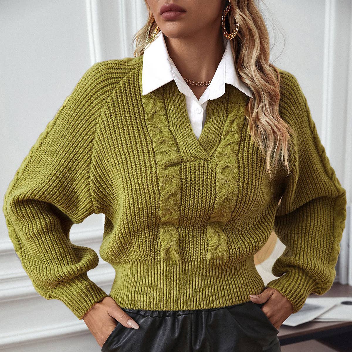 SHIRT COLLAR PATCHWORK FAKE TWO-PIECE SWEATER