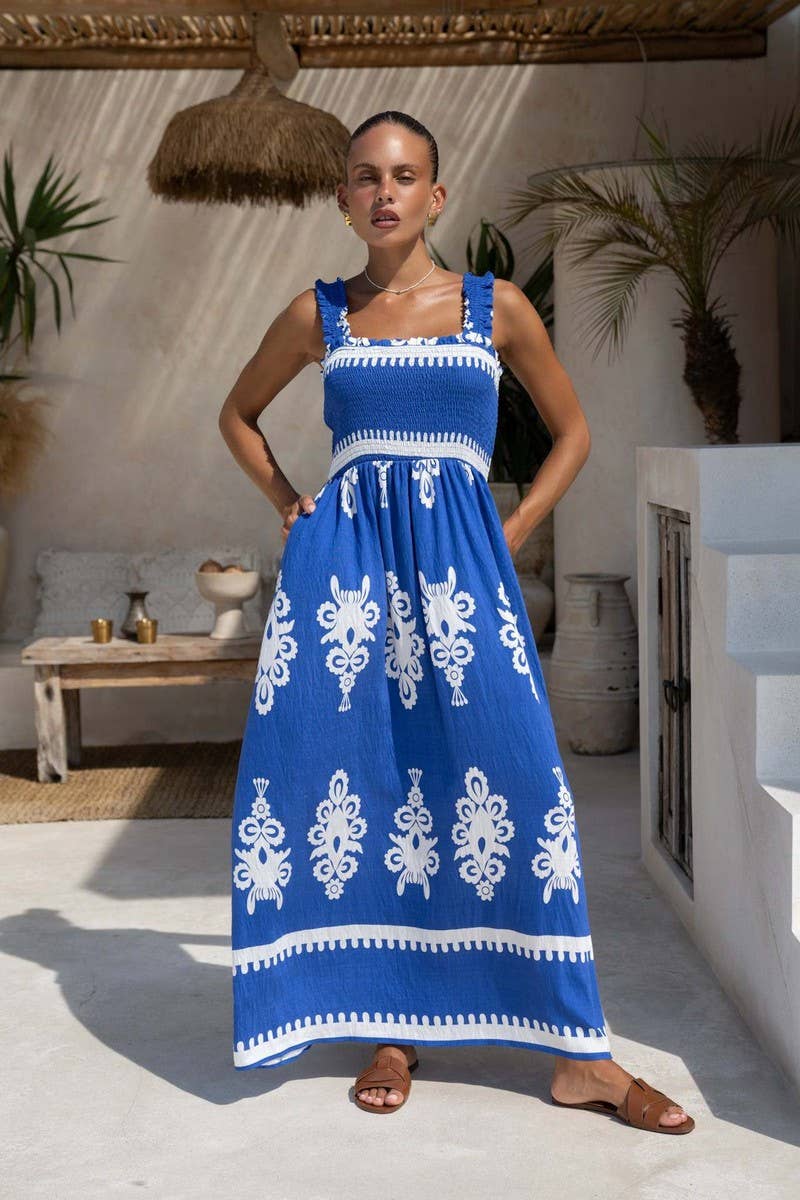 CWDHL1076_SUMMER RESORT STYLE PRINTED SUSPENDER BEACH DRESS