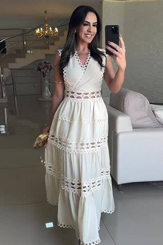 CWDMD5458_V-NECK HOLLOW EMBROIDERED SLEEVELESS MAXI DRESS