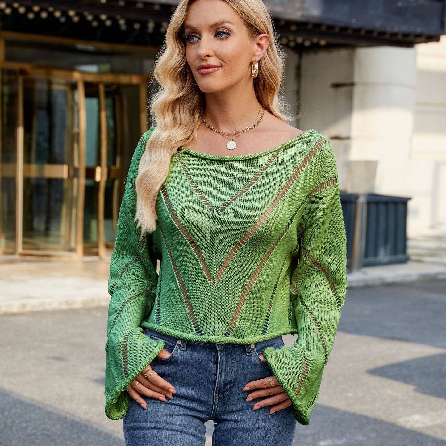 HOLLOW-OUT CREW-NECK LONG-SLEEVE PULLOVER SWEATER