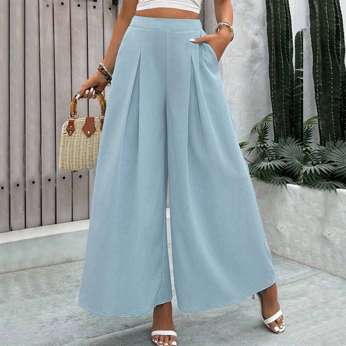 WOVEN ELASTIC WAIST PLEATED SLIMMING SLACKS