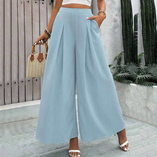 WOVEN ELASTIC WAIST PLEATED SLIMMING SLACKS