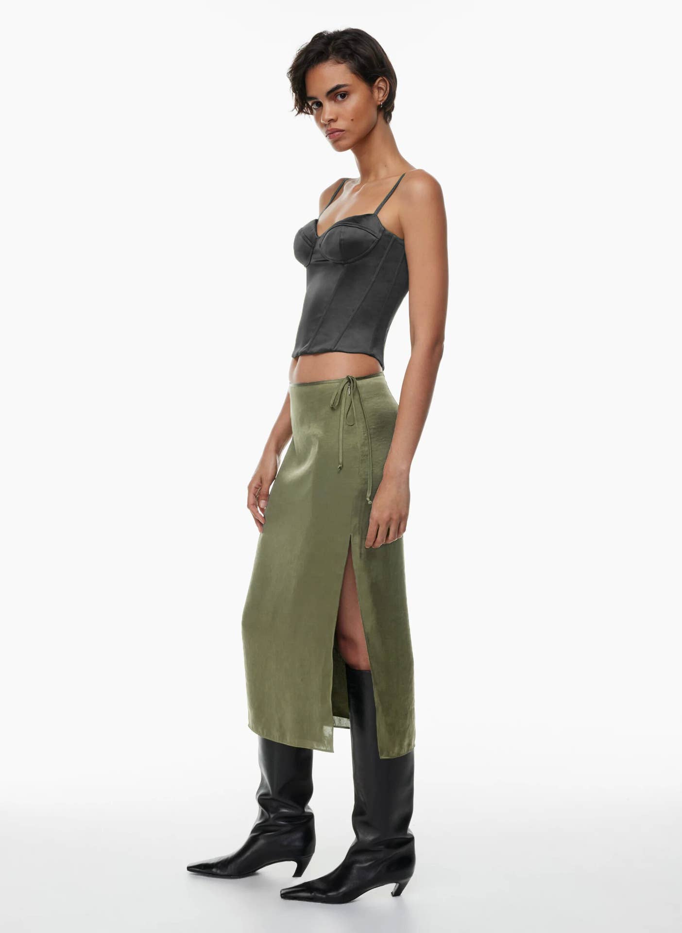 LACE UP SATIN SKIRT HIGH WAIST SLIT STRAIGHT SKIRT