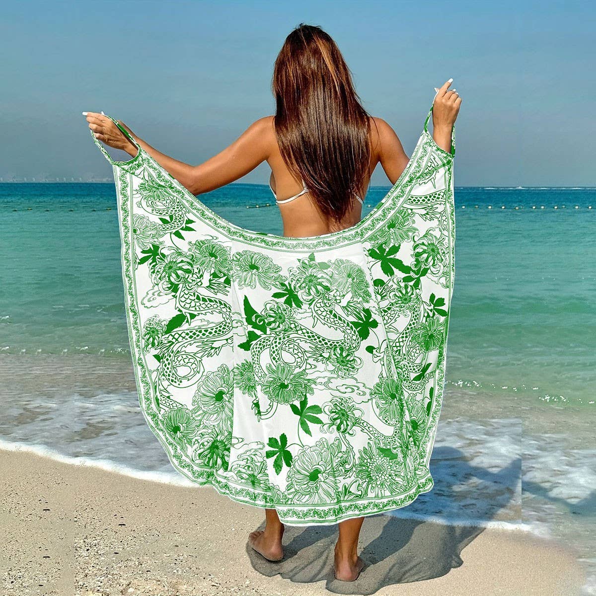 Versatile Print Beach Dress, Multi-Way Cape Style