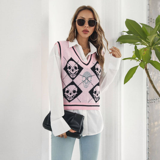SKULL JACQUARD DIAMOND CHECK VEST SWEATER