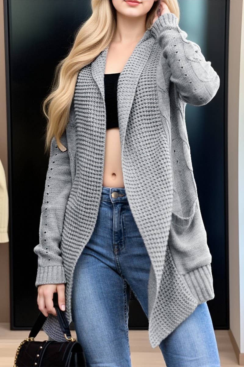 CWOCAL00565_SOLID COLOR POCKET KNITTED BUTTONLESS CARDIGAN