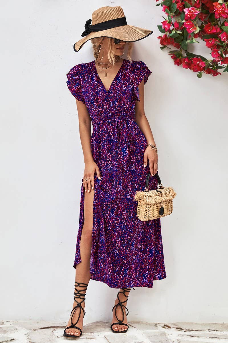 WOMEN V NECK SPLIT PRINT DRESS_CWDSD2622