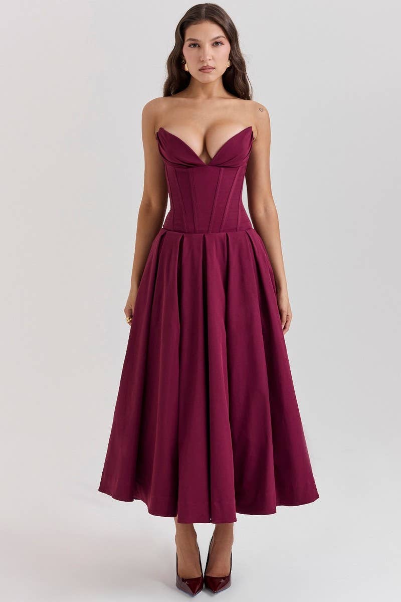 CWDTD0466_SLEEVELESS SOLID COLOR STRAPLESS MIDI DRESS