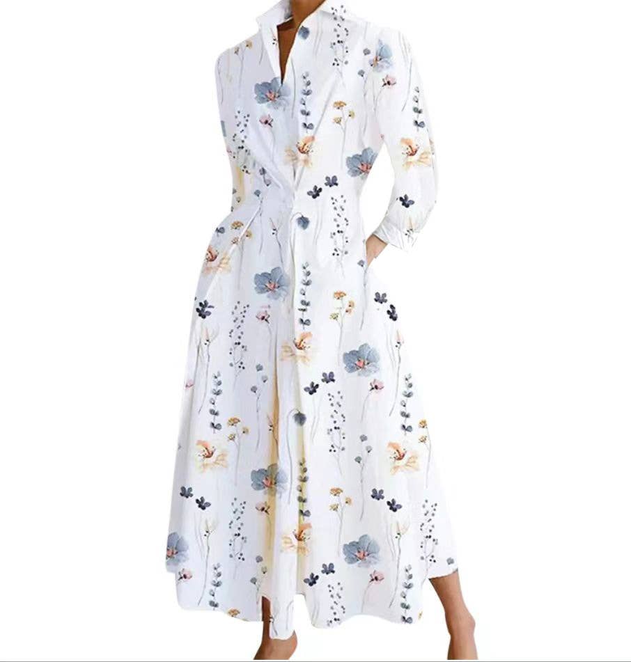 FASHION LONG-SLEEVED V-NECK PRINT SWING DRESS