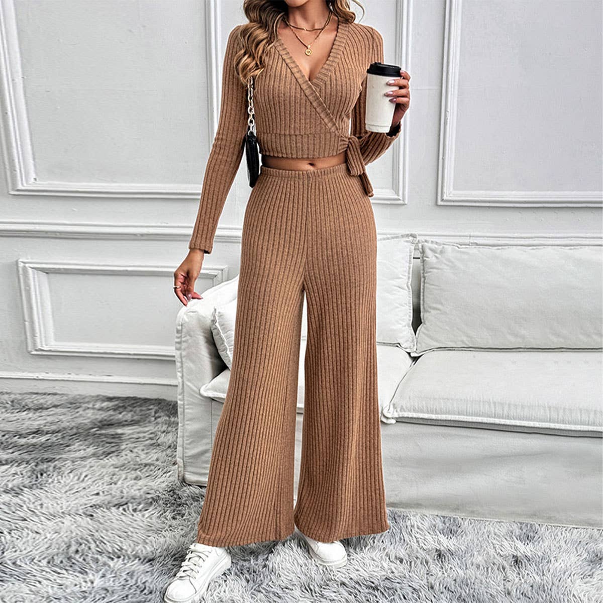 SOLID COLOR TEXTURE BASIC LADIES TWO-PIECE SET