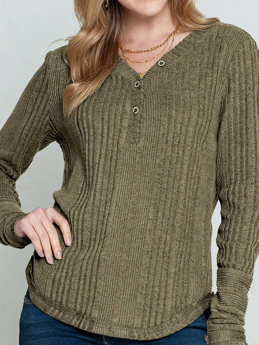 SOLID COLOR V-NECK BUTTON LOOSE T-SHIRT TOP