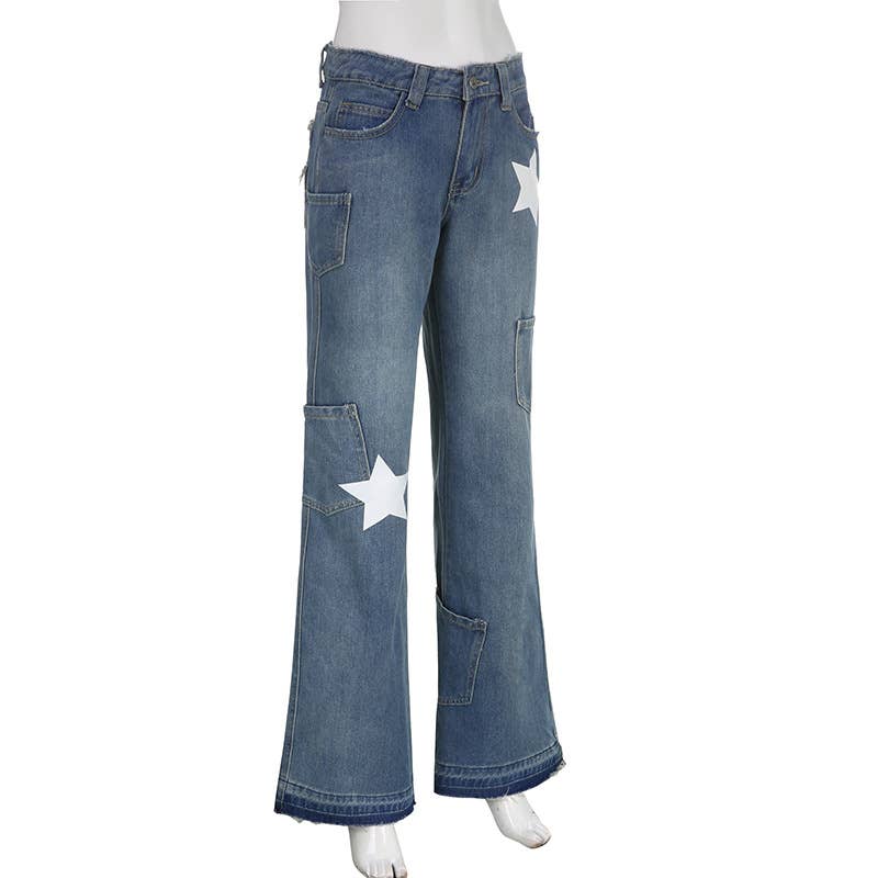 Aged five-pointed star printed high-waisted jeans