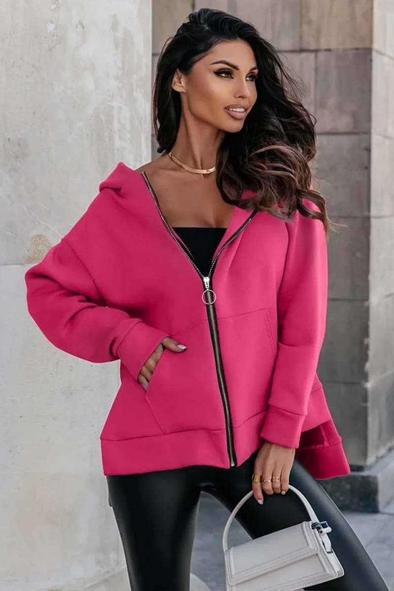 CWOCO00210_SOLID COLOR LOOSE HOODED ZIP-UP JACKET