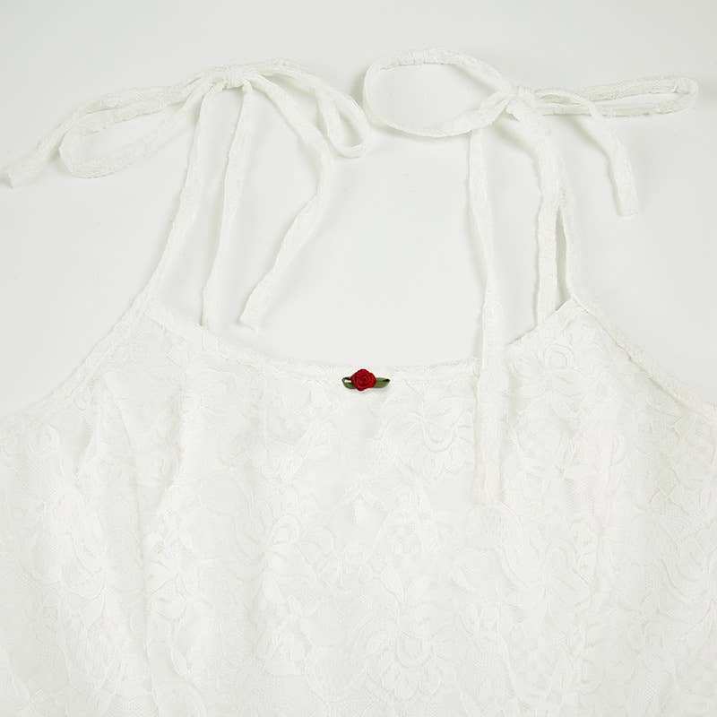 Vacation-style lace-trimmed halter short dress