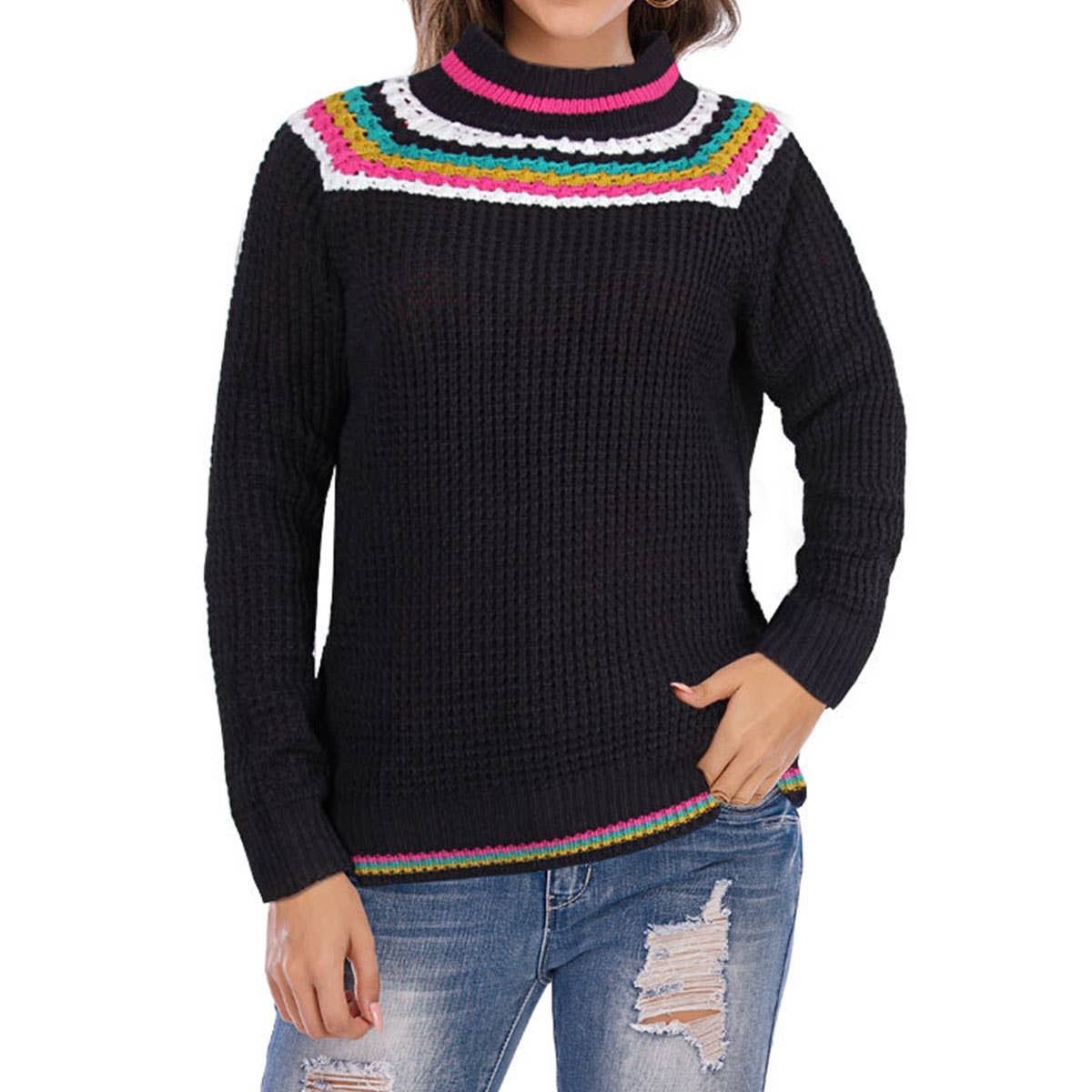 STRIPED CONTRAST COLOR CREW NECK PULLOVER SWEATER