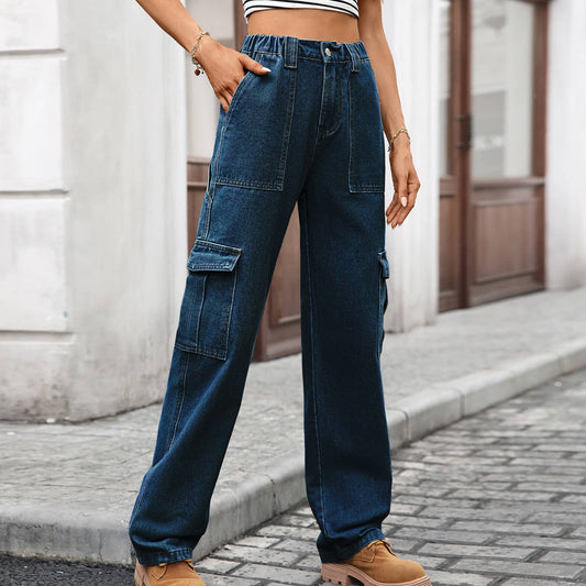 Multi-pocket wide-leg denim workwear jeans