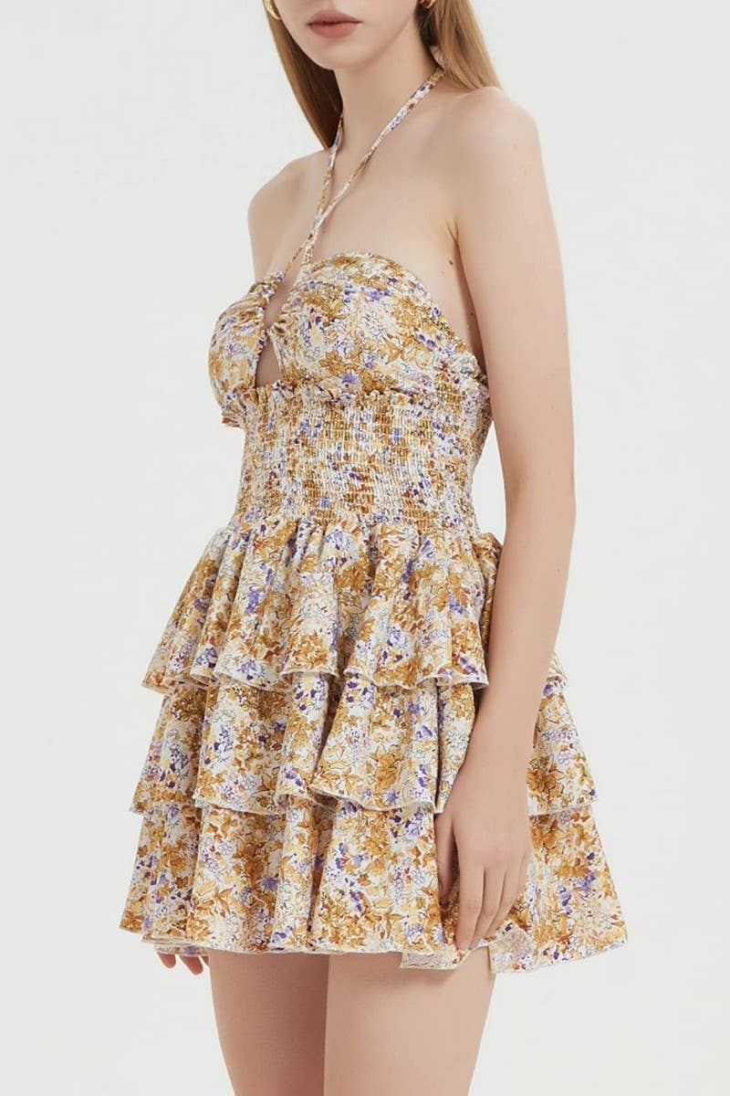 CWDHL1031_FLORAL HALTER WAIST RUCHED PUFF ROMPER DRESS