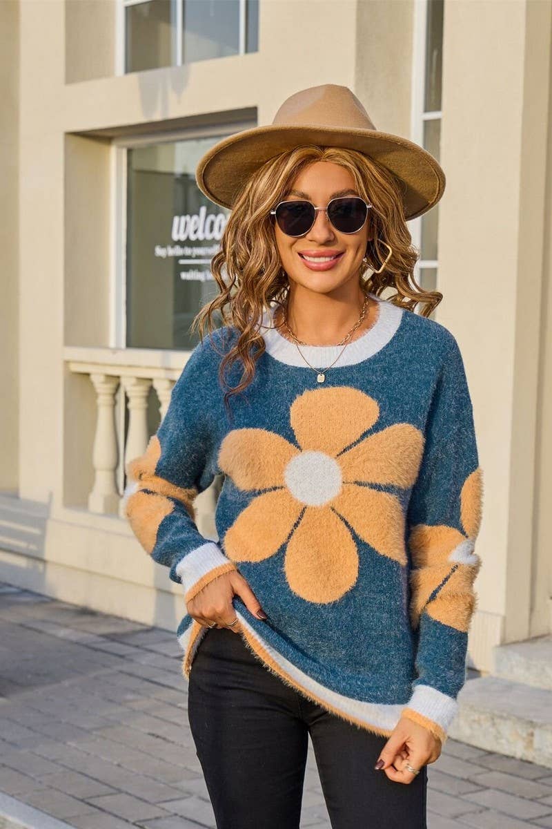 CWOSWL07601_FLORAL FUZZY CREWNECK KNIT SWEATER