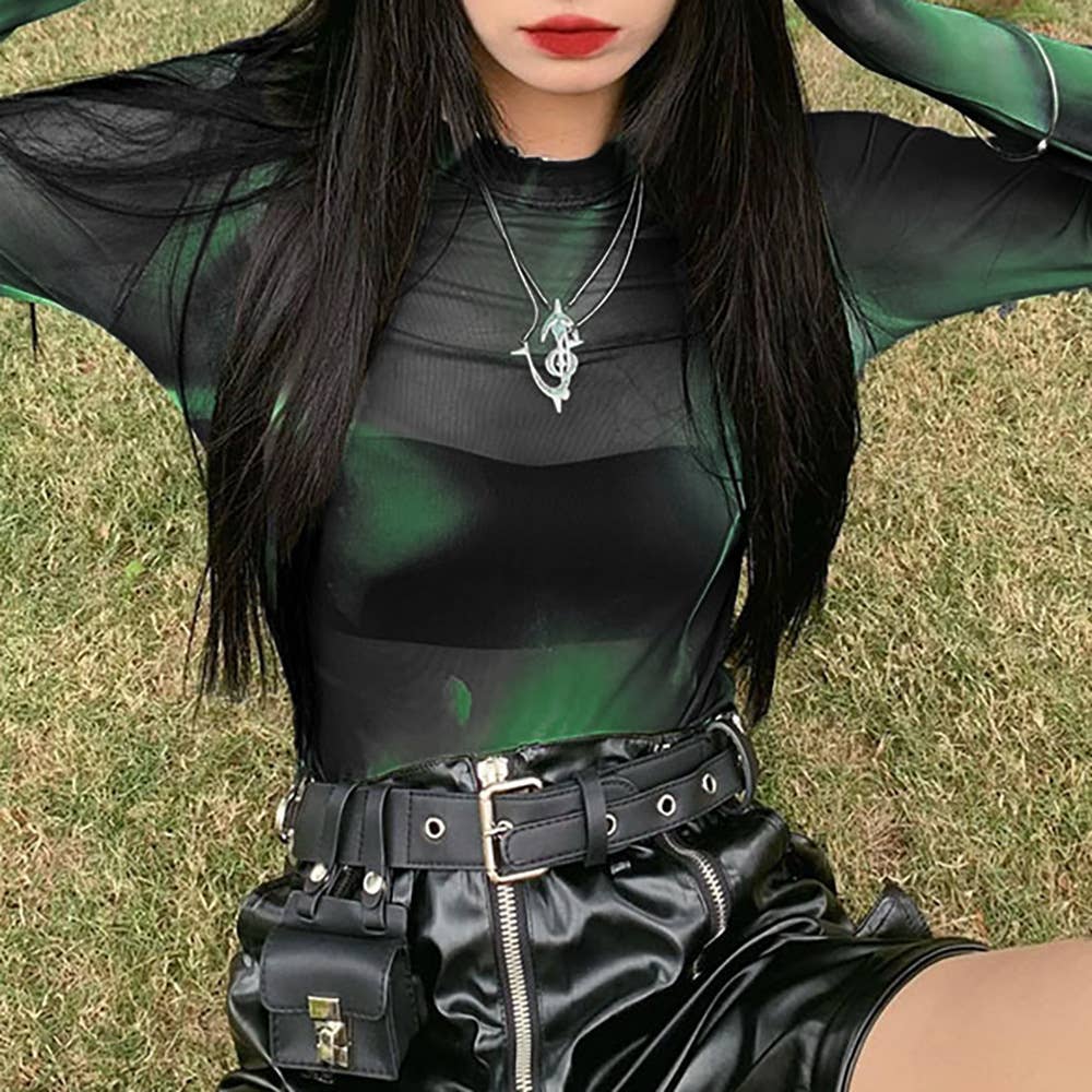 Gradient Tie-Dye Mesh Print Long-Sleeved T-Shirt