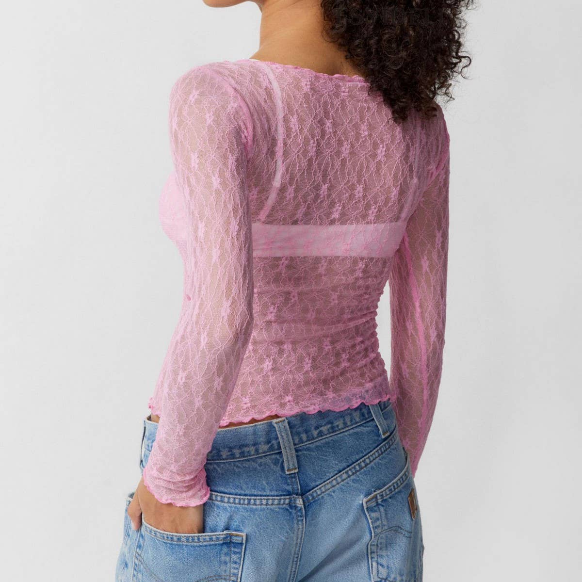 SEMI SHEER MESH LACE T-SHIRT SLIM-FIT CROPPED TOP