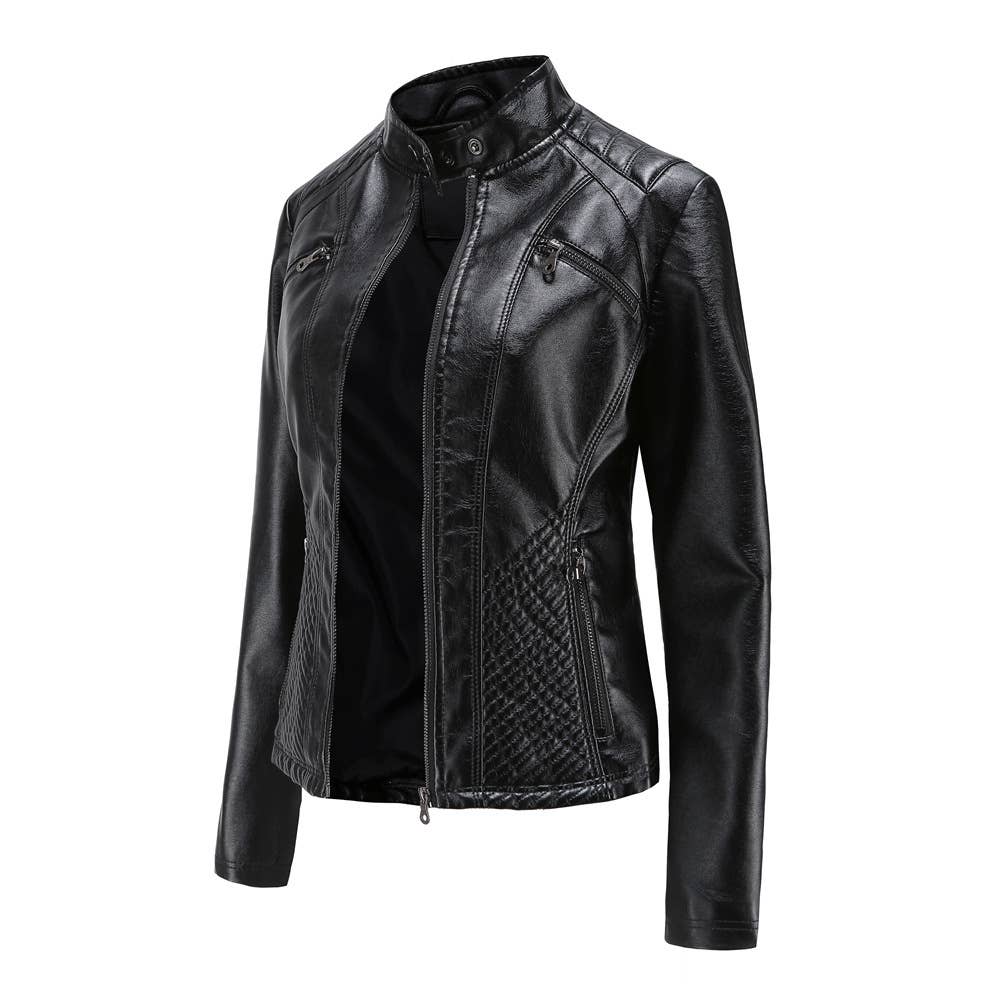 Women's leather stand-up collar jacket