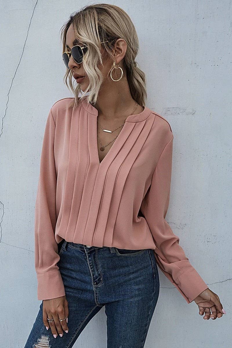 V NECK LONG SLEEVED PLEATED PULLOVER SHIRT_CWTSTL0695