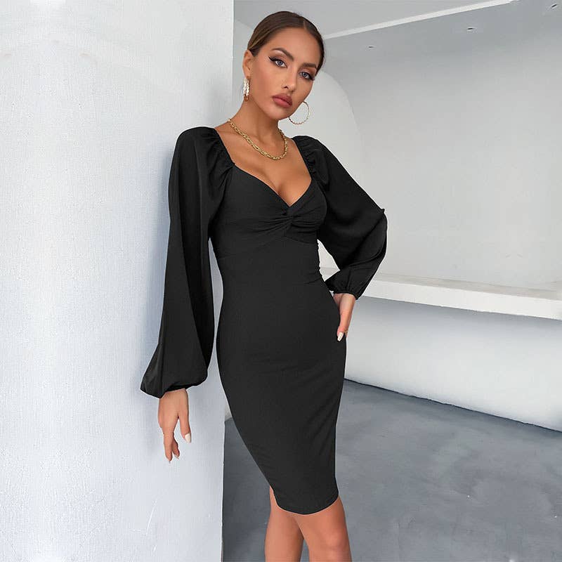 Puffed sleeve sexy hip-hugging dress
