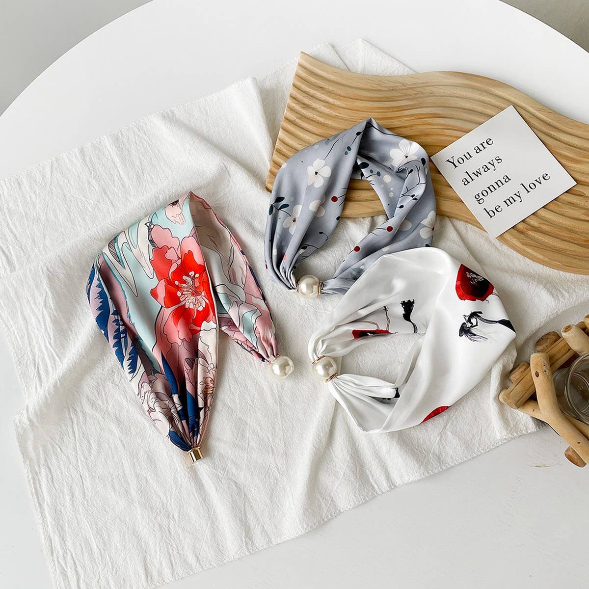 Silky Print Scarf Necklace ? Pearl Magnetic Clasp